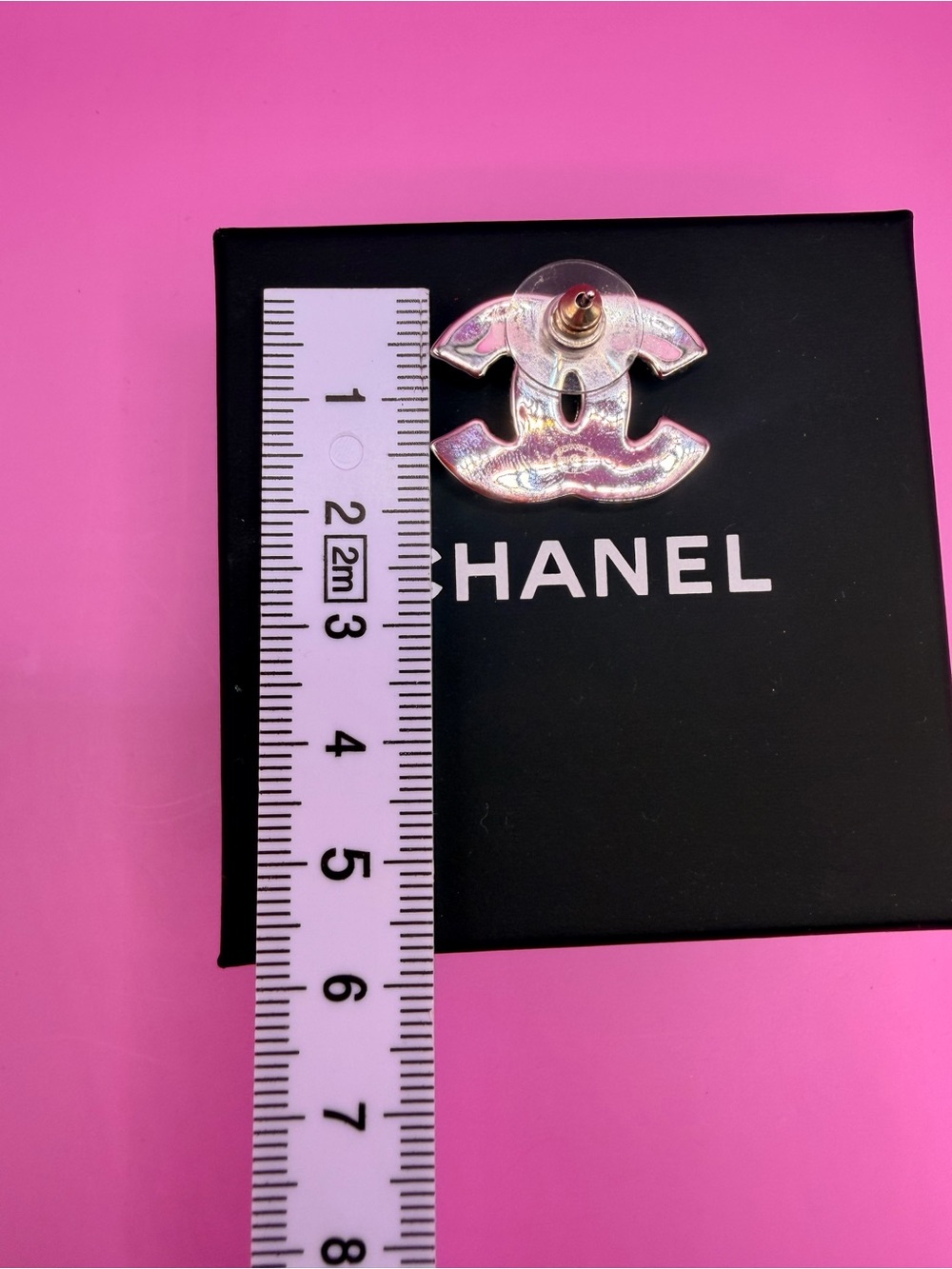 Authentic CHANEL Pink and White CC Logo Stud Earrings - Picture 5 of 6